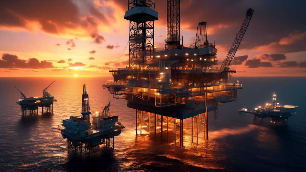 A futuristic scene of oil exploration: advanced drilling platforms equipped with cutting-edge technology floating in a vast ocean under a dramatic sunset, with drones and robotic machinery in operation. In the background, a high-tech control center aboard an eco-friendly ship monitors the activities, highlighting sustainability efforts. The atmosphere should convey a balance between industrial capability and environmental responsibility.