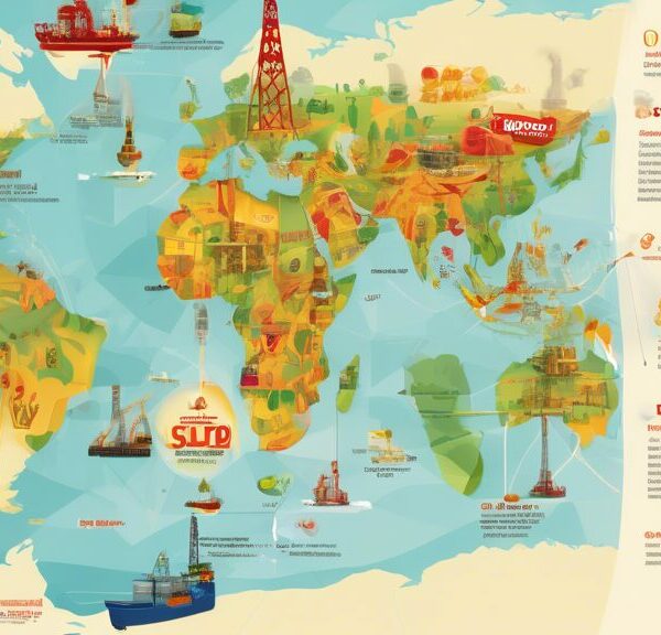 Create an image depicting the global impact of Shell Petroleum Development Company (SPDC) in the oil & gas industry. The scene should include a world map highlighted with major oil rigs, refineries, and pipelines connected by SPDC. Feature clean, modern industries integrating emerging green technologies alongside traditional oil extraction sites. Include diverse landscapes, such as offshore platforms, desert oil fields, and lush greenery, symbolizing SPDC's worldwide influence. Represent the company's logo and emphasize themes of technological advancement, energy production, and environmental responsibility.