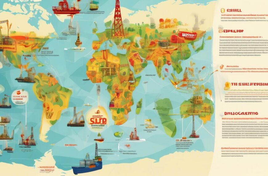 Create an image depicting the global impact of Shell Petroleum Development Company (SPDC) in the oil & gas industry. The scene should include a world map highlighted with major oil rigs, refineries, and pipelines connected by SPDC. Feature clean, modern industries integrating emerging green technologies alongside traditional oil extraction sites. Include diverse landscapes, such as offshore platforms, desert oil fields, and lush greenery, symbolizing SPDC's worldwide influence. Represent the company's logo and emphasize themes of technological advancement, energy production, and environmental responsibility.