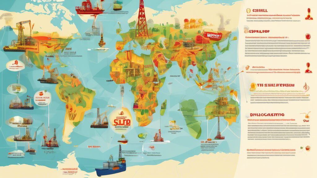 Create an image depicting the global impact of Shell Petroleum Development Company (SPDC) in the oil & gas industry. The scene should include a world map highlighted with major oil rigs, refineries, and pipelines connected by SPDC. Feature clean, modern industries integrating emerging green technologies alongside traditional oil extraction sites. Include diverse landscapes, such as offshore platforms, desert oil fields, and lush greenery, symbolizing SPDC's worldwide influence. Represent the company's logo and emphasize themes of technological advancement, energy production, and environmental responsibility.