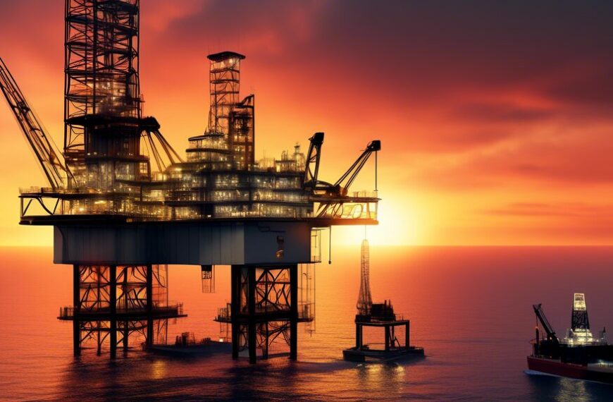 A dramatic digital illustration showcasing Seepco's rise in the oil and gas industry: a sleek, modern oil rig with the company's logo prominently displayed, set against a backdrop of a stunning sunrise. The scene includes advanced drilling technology, a fleet of cutting-edge machinery, and a diverse team of engineers and workers in safety gear, symbolizing innovation, teamwork, and progress. The background features a scenic blend of offshore and onshore fields, emphasizing Seepco's expansive reach and influence in the industry.