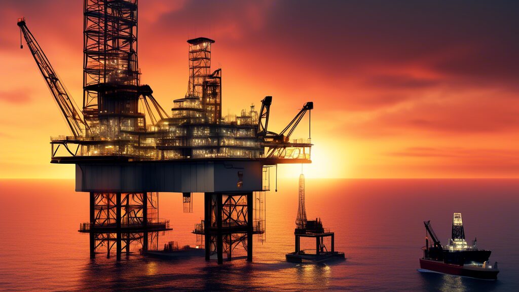 A dramatic digital illustration showcasing Seepco's rise in the oil and gas industry: a sleek, modern oil rig with the company's logo prominently displayed, set against a backdrop of a stunning sunrise. The scene includes advanced drilling technology, a fleet of cutting-edge machinery, and a diverse team of engineers and workers in safety gear, symbolizing innovation, teamwork, and progress. The background features a scenic blend of offshore and onshore fields, emphasizing Seepco's expansive reach and influence in the industry.