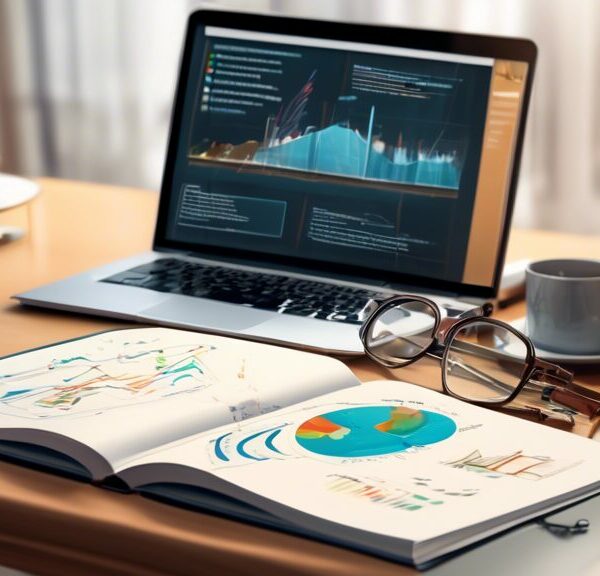 Create an illustration of a comprehensive guidebook titled Understanding UOGD placed on a desk alongside a cup of coffee, a pair of reading glasses, and a laptop displaying technical graphs. The guidebook should have a professional cover with elements related to oil and gas development, including drilling rigs and geological layers. The background should be a cozy home study environment with a focus on learning and research.