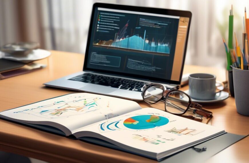 Create an illustration of a comprehensive guidebook titled Understanding UOGD placed on a desk alongside a cup of coffee, a pair of reading glasses, and a laptop displaying technical graphs. The guidebook should have a professional cover with elements related to oil and gas development, including drilling rigs and geological layers. The background should be a cozy home study environment with a focus on learning and research.