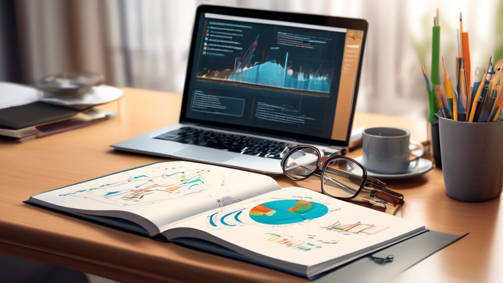 Create an illustration of a comprehensive guidebook titled Understanding UOGD placed on a desk alongside a cup of coffee, a pair of reading glasses, and a laptop displaying technical graphs. The guidebook should have a professional cover with elements related to oil and gas development, including drilling rigs and geological layers. The background should be a cozy home study environment with a focus on learning and research.