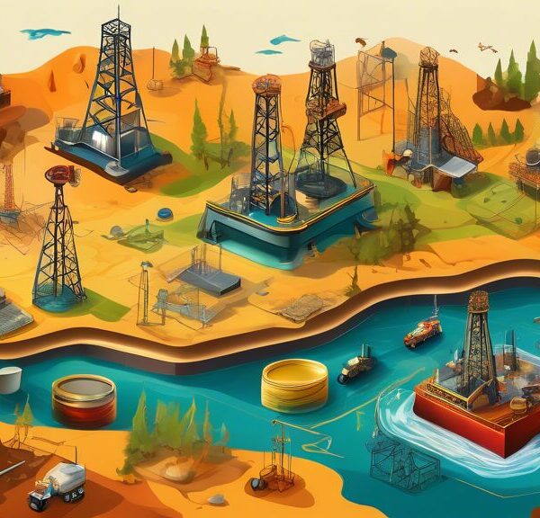 Create an image of an oil and gas exploration site with various elements such as drilling rigs, geological survey teams, and geological maps. Include labeled diagrams depicting concepts like Proved, Probable, and Possible Reserves (PUD) with clear distinctions between each type. Ensure the setting has a mix of natural landscape and industrial equipment to convey the exploration theme.