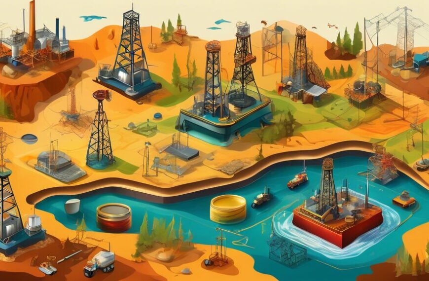 Create an image of an oil and gas exploration site with various elements such as drilling rigs, geological survey teams, and geological maps. Include labeled diagrams depicting concepts like Proved, Probable, and Possible Reserves (PUD) with clear distinctions between each type. Ensure the setting has a mix of natural landscape and industrial equipment to convey the exploration theme.