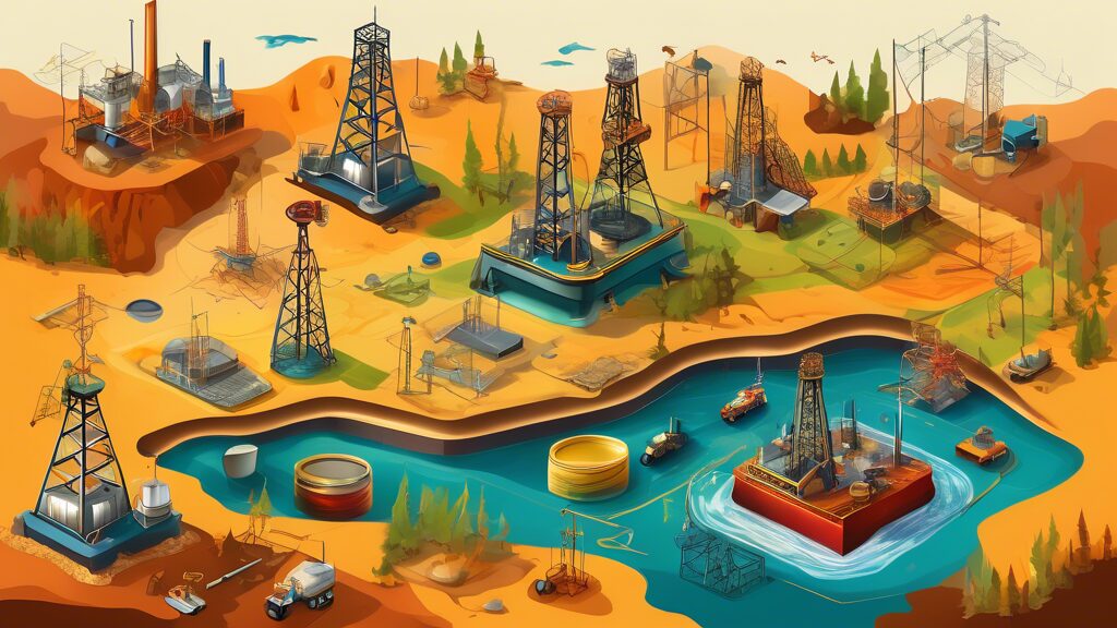 Create an image of an oil and gas exploration site with various elements such as drilling rigs, geological survey teams, and geological maps. Include labeled diagrams depicting concepts like Proved, Probable, and Possible Reserves (PUD) with clear distinctions between each type. Ensure the setting has a mix of natural landscape and industrial equipment to convey the exploration theme.