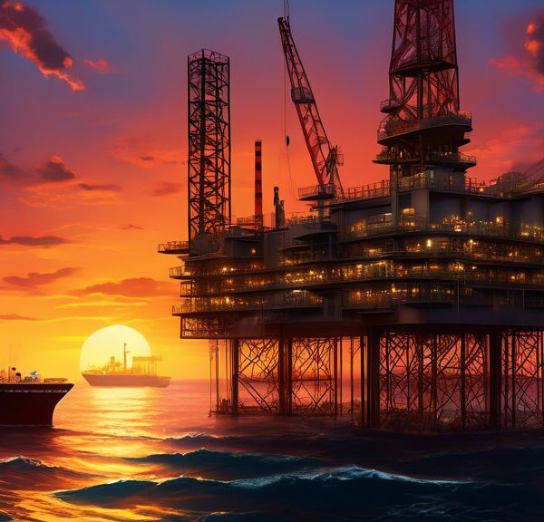 An ultra-modern offshore oil platform operating at the Sangomar Oil Field, illuminated under a stunning sunset. The advanced machinery is efficiently extracting oil, while ships and support vessels are stationed nearby. In the background, the African coastline is visible, with lush greenery and a small, thriving coastal town, emphasizing the balance between industrial progress and natural beauty.