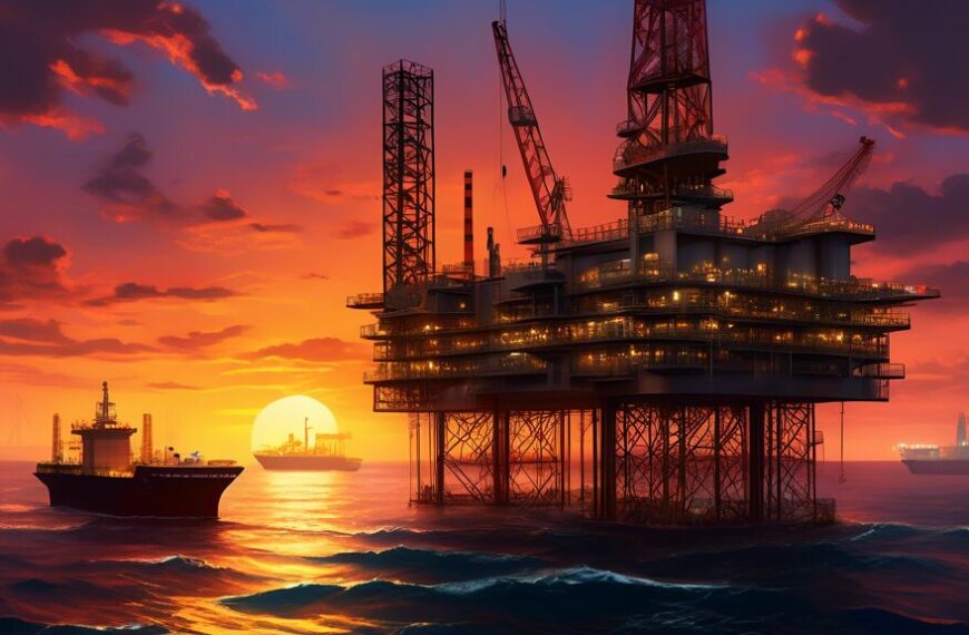 An ultra-modern offshore oil platform operating at the Sangomar Oil Field, illuminated under a stunning sunset. The advanced machinery is efficiently extracting oil, while ships and support vessels are stationed nearby. In the background, the African coastline is visible, with lush greenery and a small, thriving coastal town, emphasizing the balance between industrial progress and natural beauty.