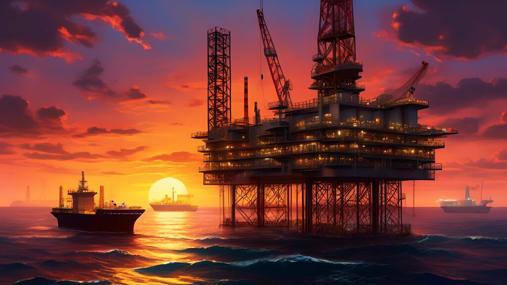 An ultra-modern offshore oil platform operating at the Sangomar Oil Field, illuminated under a stunning sunset. The advanced machinery is efficiently extracting oil, while ships and support vessels are stationed nearby. In the background, the African coastline is visible, with lush greenery and a small, thriving coastal town, emphasizing the balance between industrial progress and natural beauty.