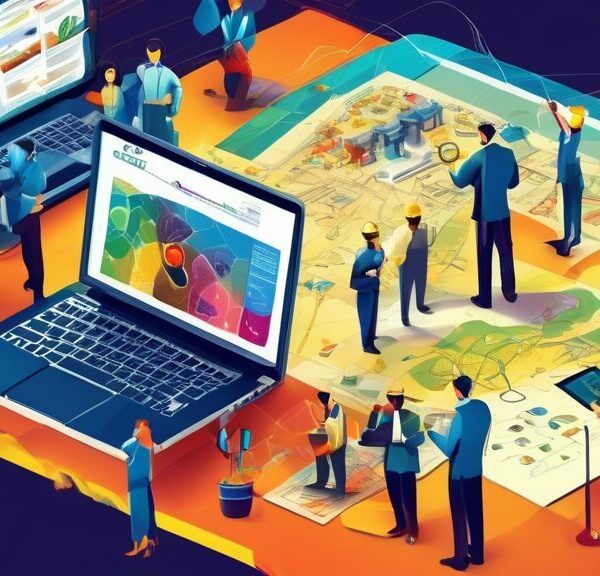 A vibrant and professional scene showing individuals exploring career opportunities on the www.ogdcl.com.pk website on various devices like laptops, tablets, and smartphones. The background includes elements representing the oil and gas industry, such as oil rigs, pipelines, and geological maps, with a focus on diversity and innovation in the workplace.