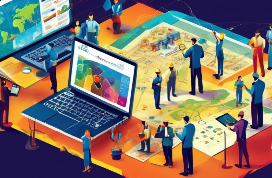 A vibrant and professional scene showing individuals exploring career opportunities on the www.ogdcl.com.pk website on various devices like laptops, tablets, and smartphones. The background includes elements representing the oil and gas industry, such as oil rigs, pipelines, and geological maps, with a focus on diversity and innovation in the workplace.