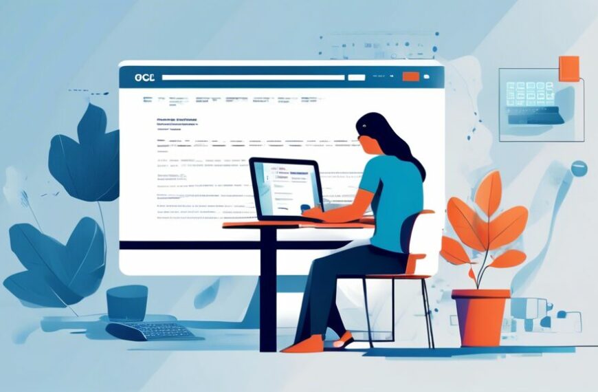 Create a digital illustration of a person sitting at a computer desk, attentively filling out an online application form on the website www.ogdcl.com in 2022. The desk is organized with scattered papers, and there's a coffee cup beside the keyboard. The computer screen prominently displays the OGDCL logo and sections of the application form. The background features a modern, well-lit room with a window, letting in natural light. A calendar on the wall clearly shows the year 2022.