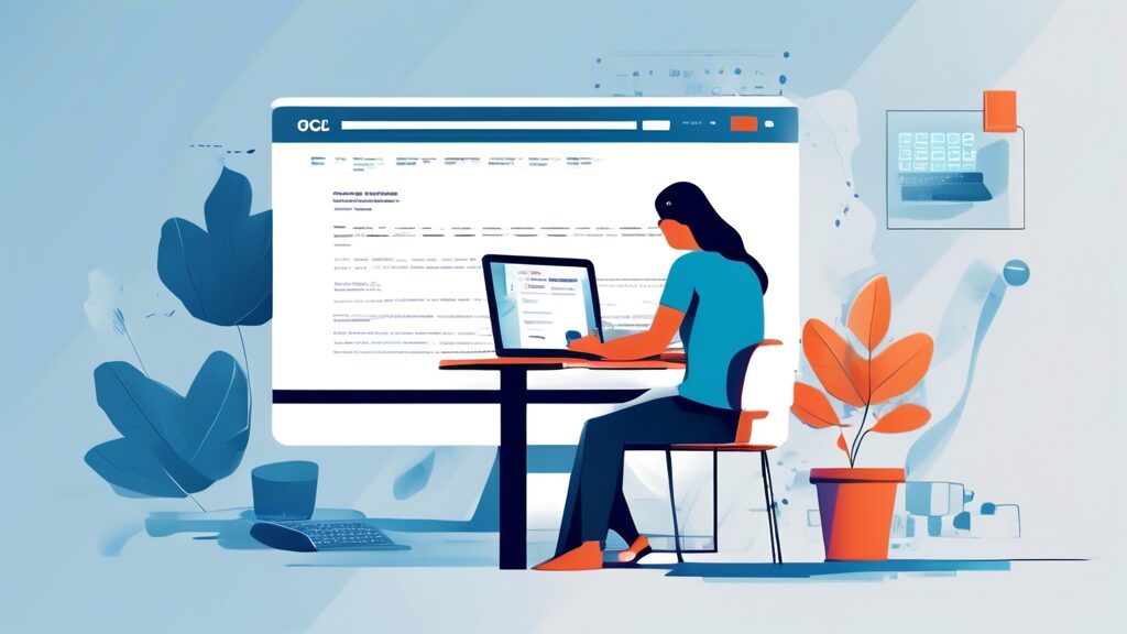 Create a digital illustration of a person sitting at a computer desk, attentively filling out an online application form on the website www.ogdcl.com in 2022. The desk is organized with scattered papers, and there's a coffee cup beside the keyboard. The computer screen prominently displays the OGDCL logo and sections of the application form. The background features a modern, well-lit room with a window, letting in natural light. A calendar on the wall clearly shows the year 2022.