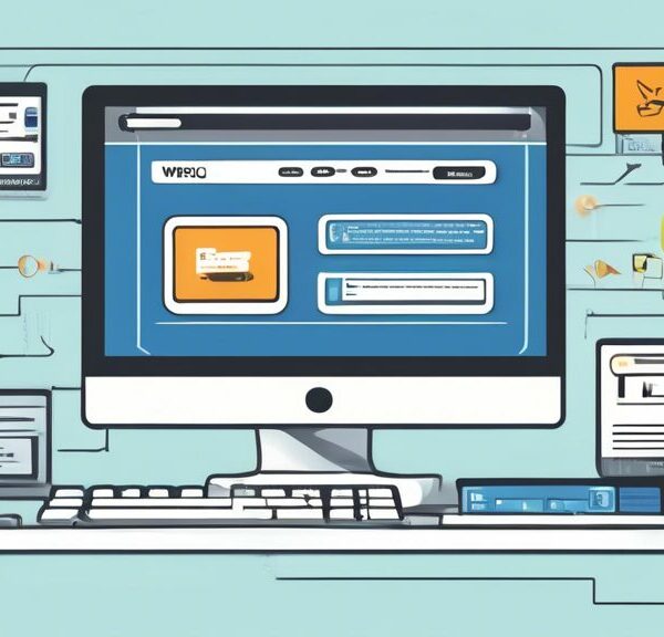 Create a detailed illustration of a desktop computer screen showing a website with the URL www.ogdcl.com, featuring a step-by-step guide to applying online. The screen displays various stages of the application process with icons, instructions, and a progress bar. Surround the computer with user-friendly symbols like check marks, light bulbs, and arrows pointing to different sections of the guide. The background is a modern, clean home office setup.