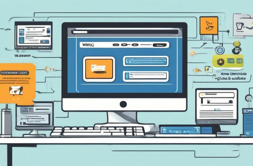 Create a detailed illustration of a desktop computer screen showing a website with the URL www.ogdcl.com, featuring a step-by-step guide to applying online. The screen displays various stages of the application process with icons, instructions, and a progress bar. Surround the computer with user-friendly symbols like check marks, light bulbs, and arrows pointing to different sections of the guide. The background is a modern, clean home office setup.