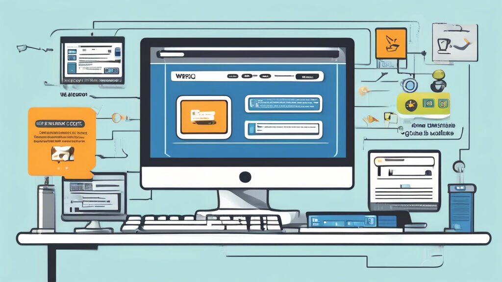 Create a detailed illustration of a desktop computer screen showing a website with the URL www.ogdcl.com, featuring a step-by-step guide to applying online. The screen displays various stages of the application process with icons, instructions, and a progress bar. Surround the computer with user-friendly symbols like check marks, light bulbs, and arrows pointing to different sections of the guide. The background is a modern, clean home office setup.